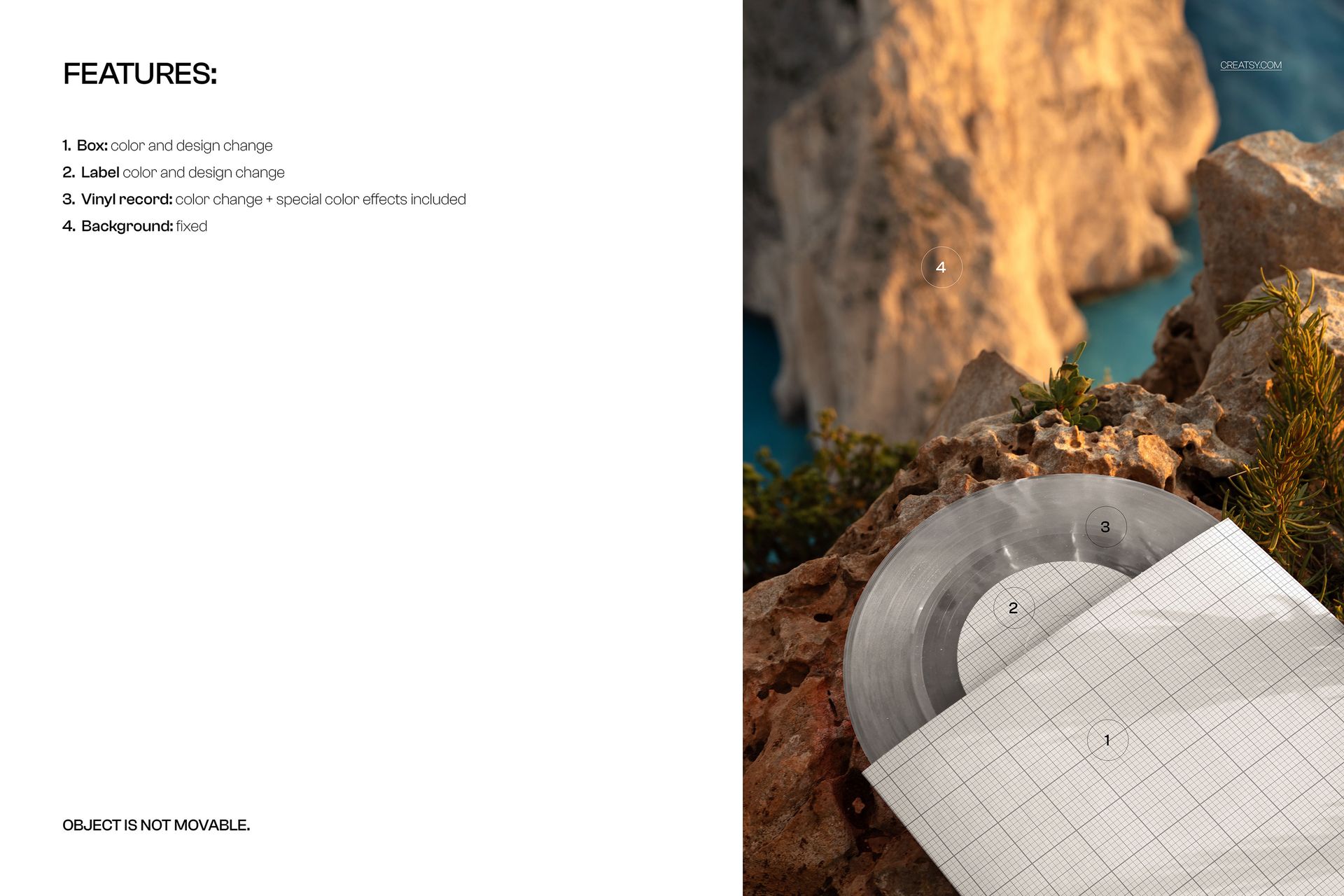 Translucent vinyl record mockup partially covered by a grid paper, placed outdoors on rocky terrain near a cliff.