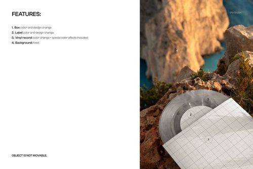 Translucent vinyl record mockup partially covered by a grid paper, placed outdoors on rocky terrain near a cliff.