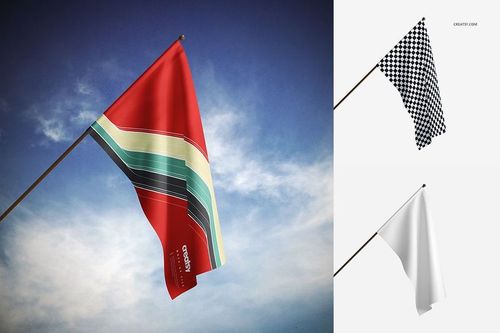 House flag mockup set with three flags: one with red and teal stripes against a blue sky, one with a black and white checkered pattern, and one plain white flag, all on angled wooden poles.
