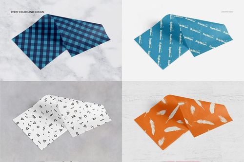 Four wrapping tissue paper sheets with different patterns and colors displayed on a flat surface in a mockup bundle.