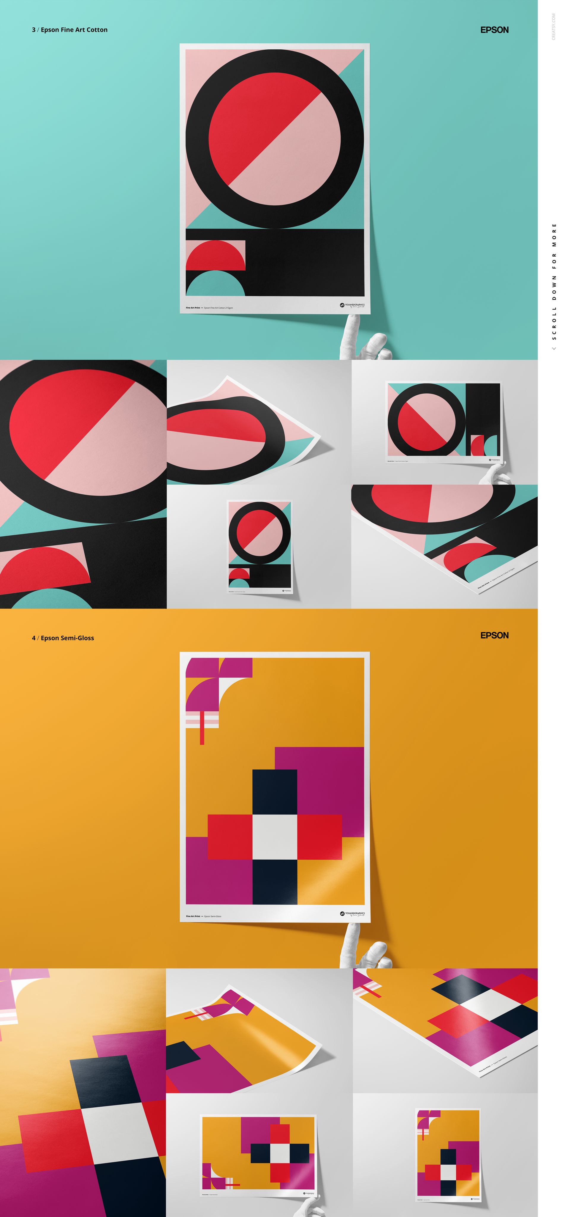 A3 fine art print mockup bundle showing abstract geometric posters with bold colors on colored backgrounds, front view.