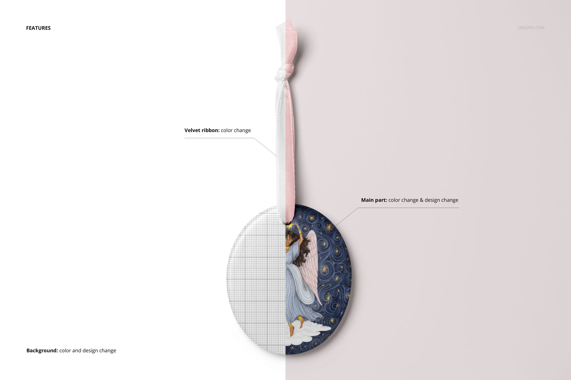 Oval-shaped Christmas ornament mockup featuring a split design with a velvet ribbon and customizable background.