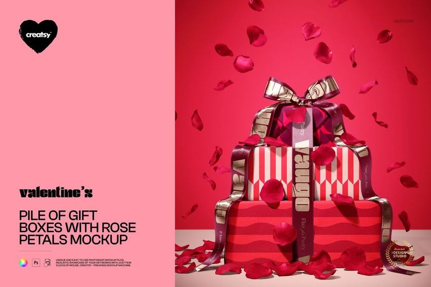 PSD mockup featuring several rectangular gift boxes with striped and solid patterns, topped with bows and rose petals.