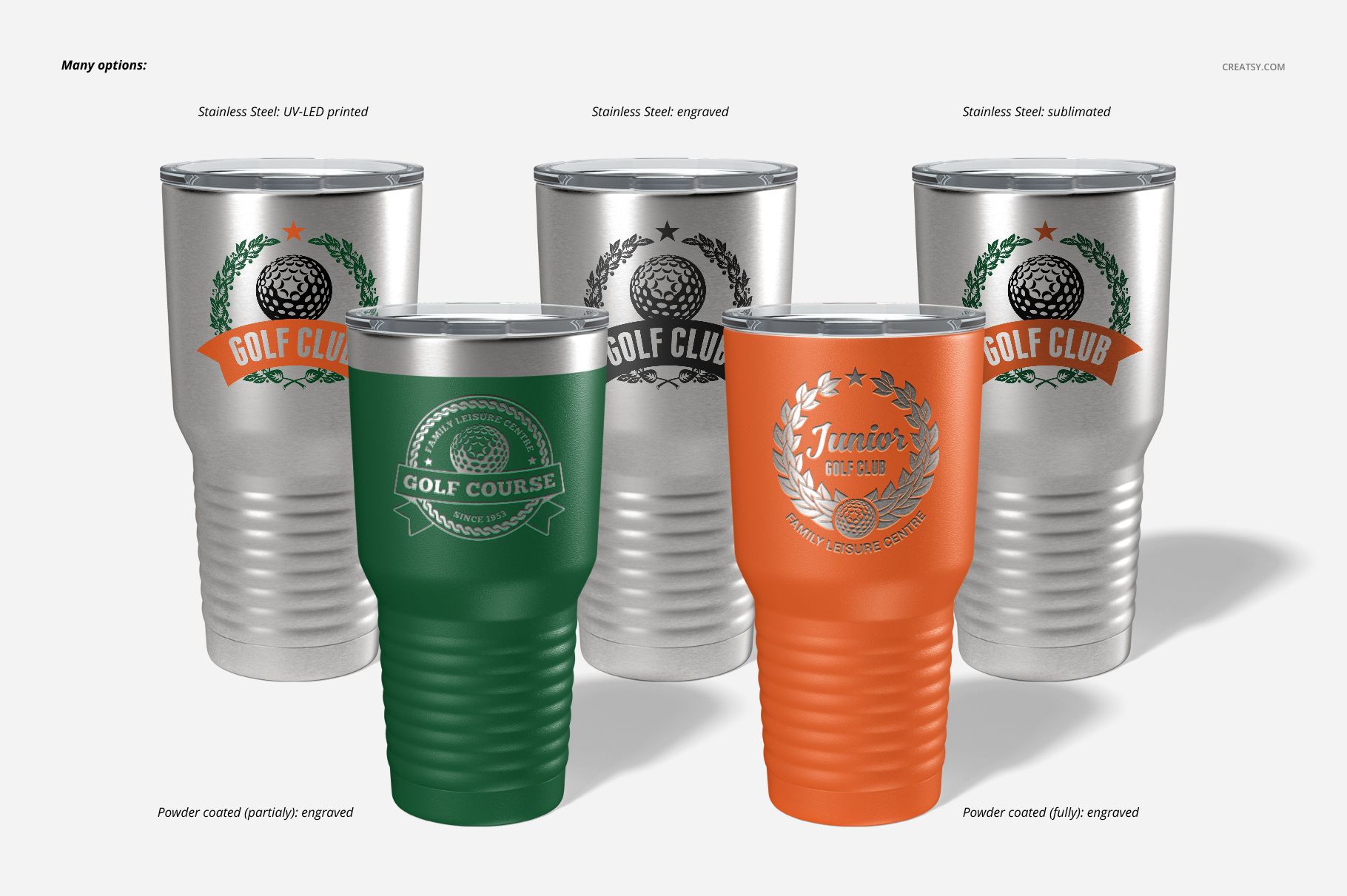 PSD mockup of 30oz ringneck tumblers in silver, green, and orange, displaying different golf-themed designs and finishes.