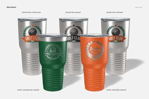 PSD mockup of 30oz ringneck tumblers in silver, green, and orange, displaying different golf-themed designs and finishes.