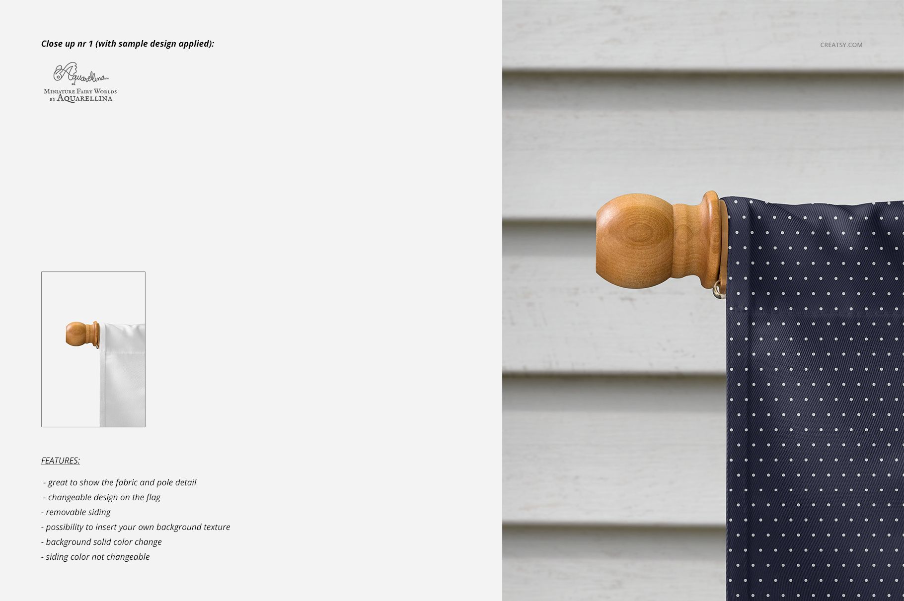 Large house flag mockup hanging from a wooden pole, featuring a dark fabric with small white polka dots in front view.