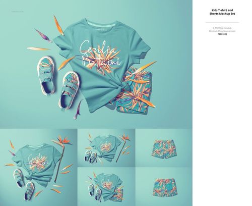Flat lay of a kids' t-shirt and shorts mockup set in teal, paired with matching shoes and tropical leaves on a blue background.