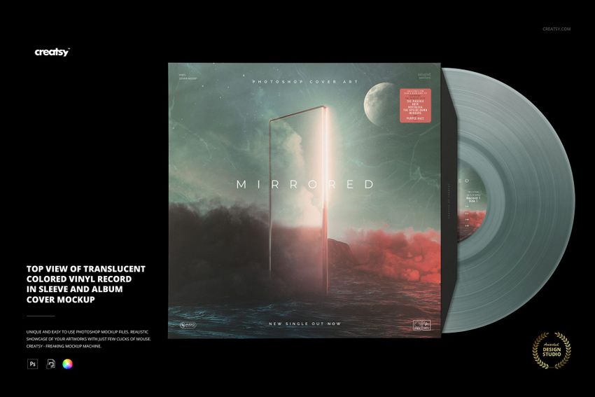 PSD mockup displaying a translucent vinyl record in its sleeve alongside a music album cover with cosmic and oceanic design.