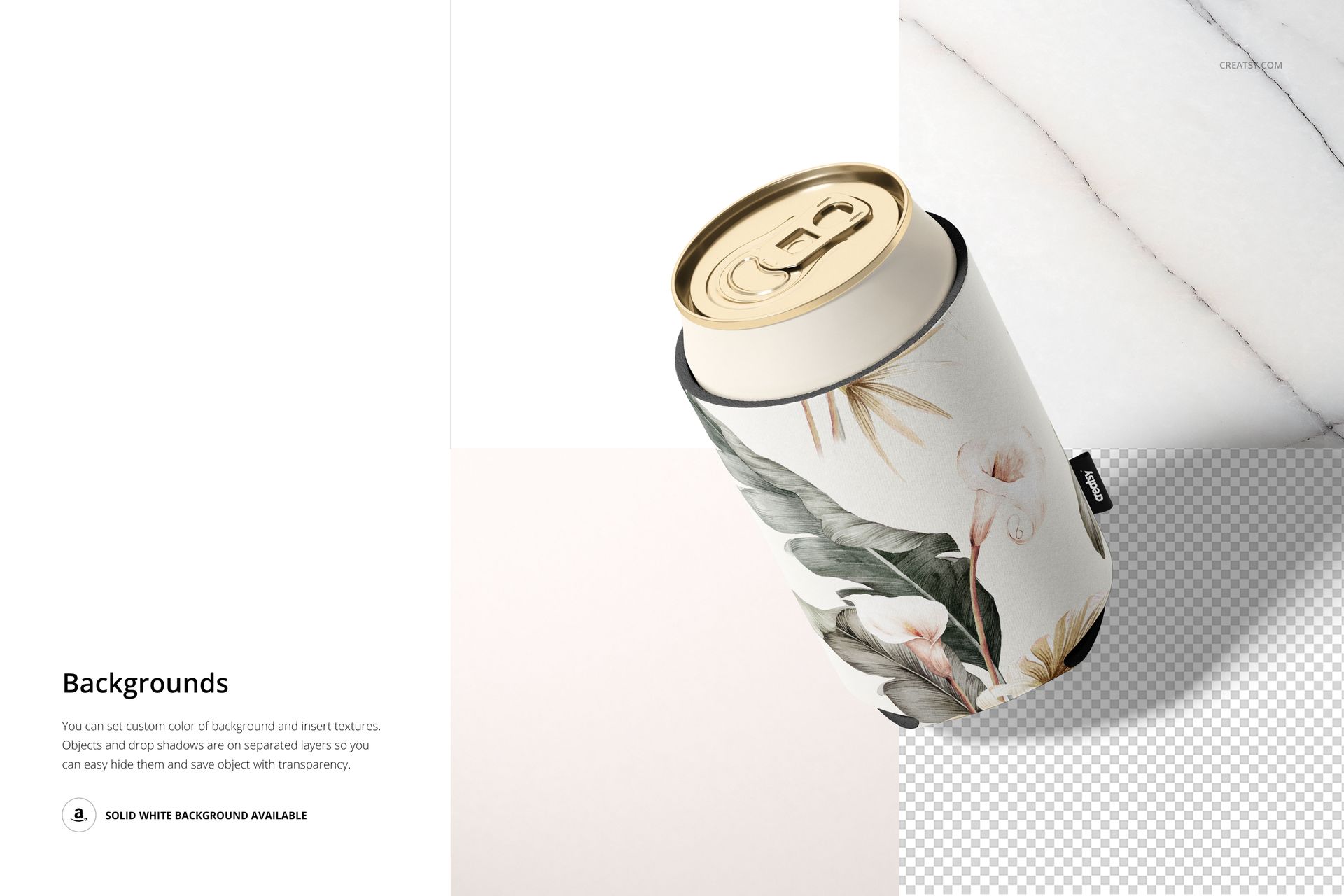 Neoprene can cooler mockup featuring a floral pattern, shown from an angled top view with a gold can inside.