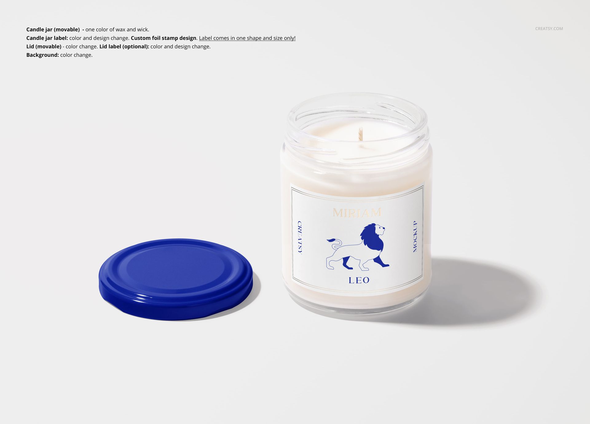 PSD mockup of a 9oz candle in a transparent jar, blue lid beside, front angle, minimal scene with white backdrop.
