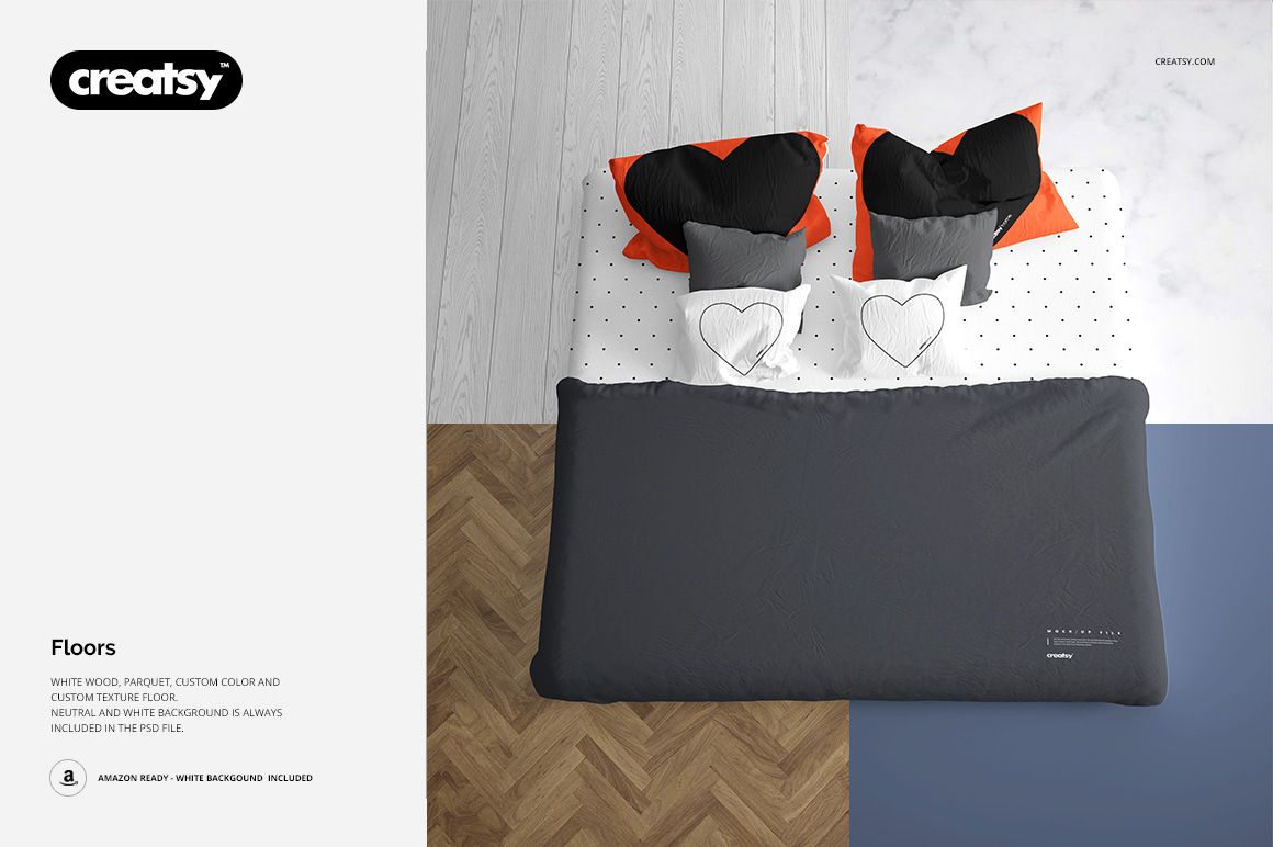 Top view of a bedroom mockup featuring a double bed with dark gray bedding, heart-patterned pillows, and mixed wood flooring.