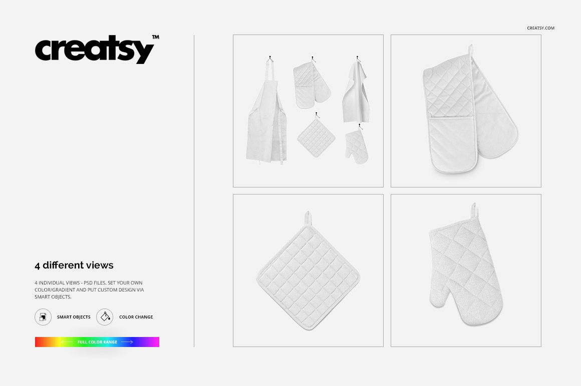 Kitchen textiles mockup set featuring oven mitts, pot holders, and towels in four separate front views on white.