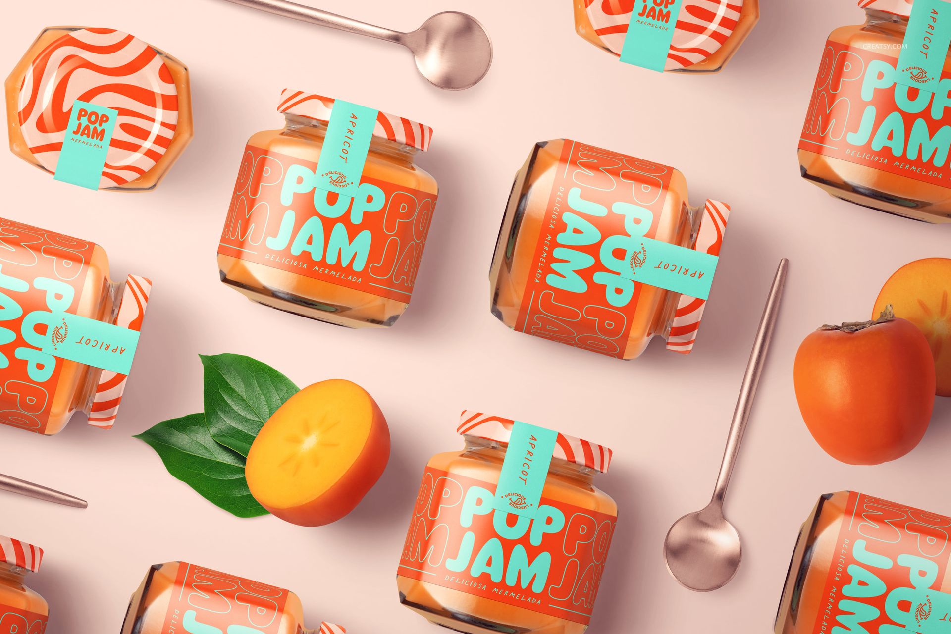 PSD mockup featuring persimmon jam jars with bold orange and teal packaging, surrounded by fresh persimmons and metal spoons.