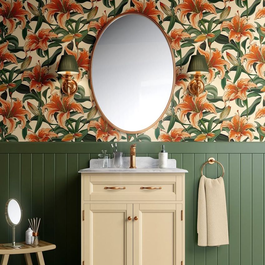 Bathroom cabinet wallpaper mockup showing a cream vanity with marble top, oval mirror, and bold floral wallpaper in orange and green.