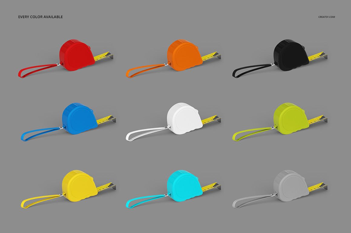 PSD mockup showing multiple tape measures in assorted colors with wrist straps, viewed from a front angle on a neutral surface.