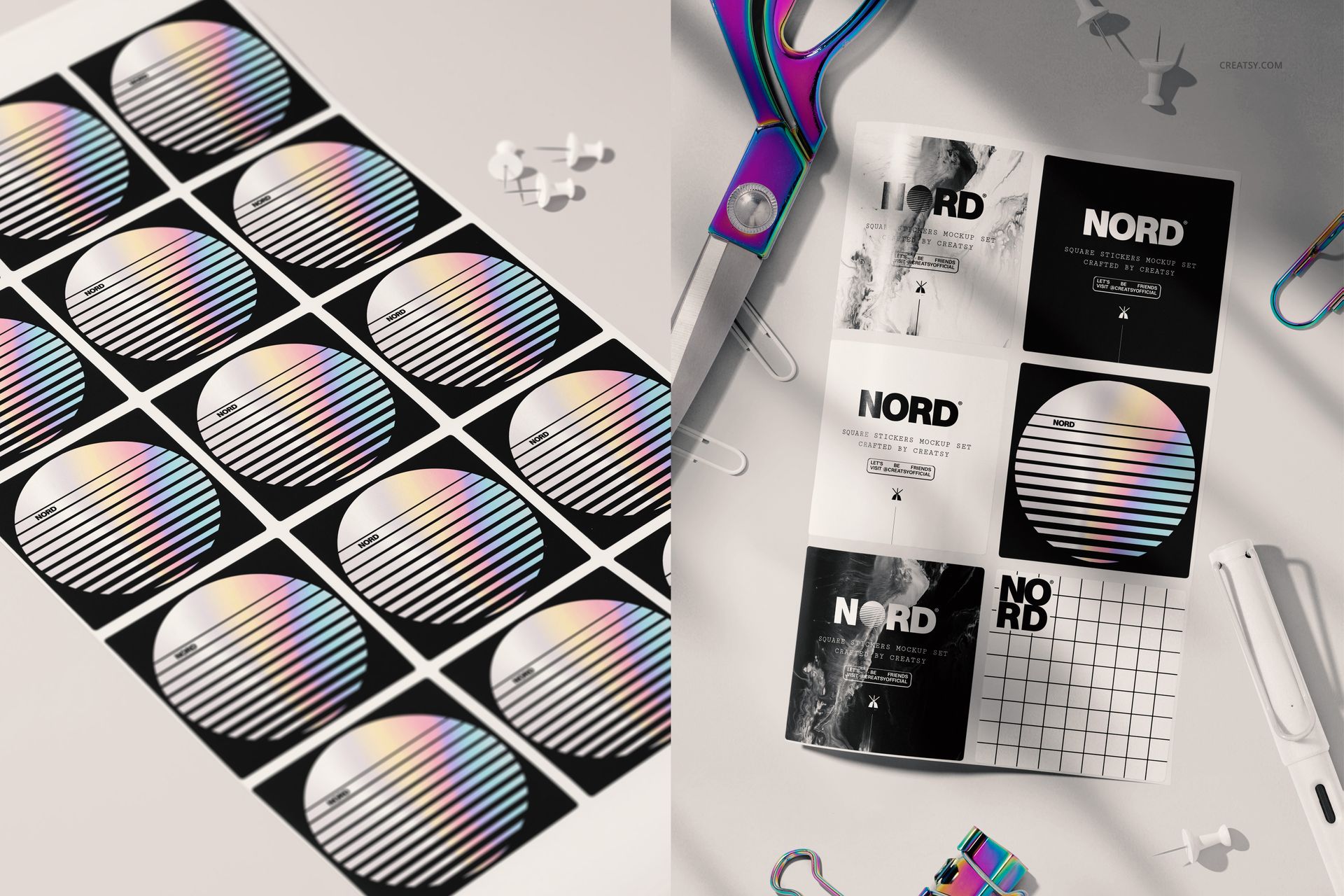 PSD mockup of square stationery stickers with geometric and colorful patterns, arranged on a desk with scissors and clips.