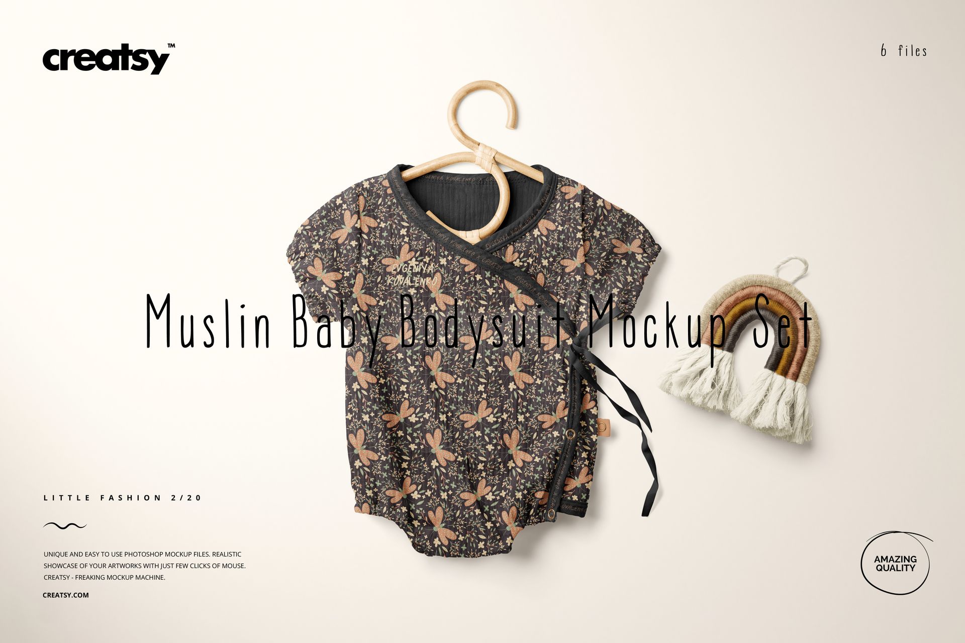 Muslin baby bodysuit mockup displaying a dark floral design, shown on a hanger with a rainbow prop on a light background.