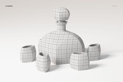 Retro-style liquor set 3D model featuring a decanter and four rounded glasses with visible UV mapping grid.
