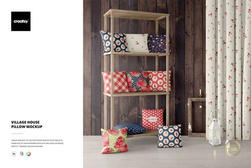 PSD mockup showing multiple patterned pillows in a cozy home setting, with floral curtains and decorative props.