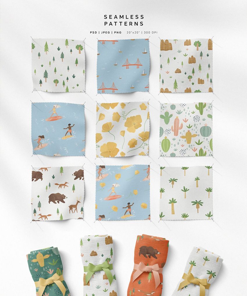 Fabric swatches mockup showing twelve square fabric samples with various colorful patterns, arranged in a grid on a white background.