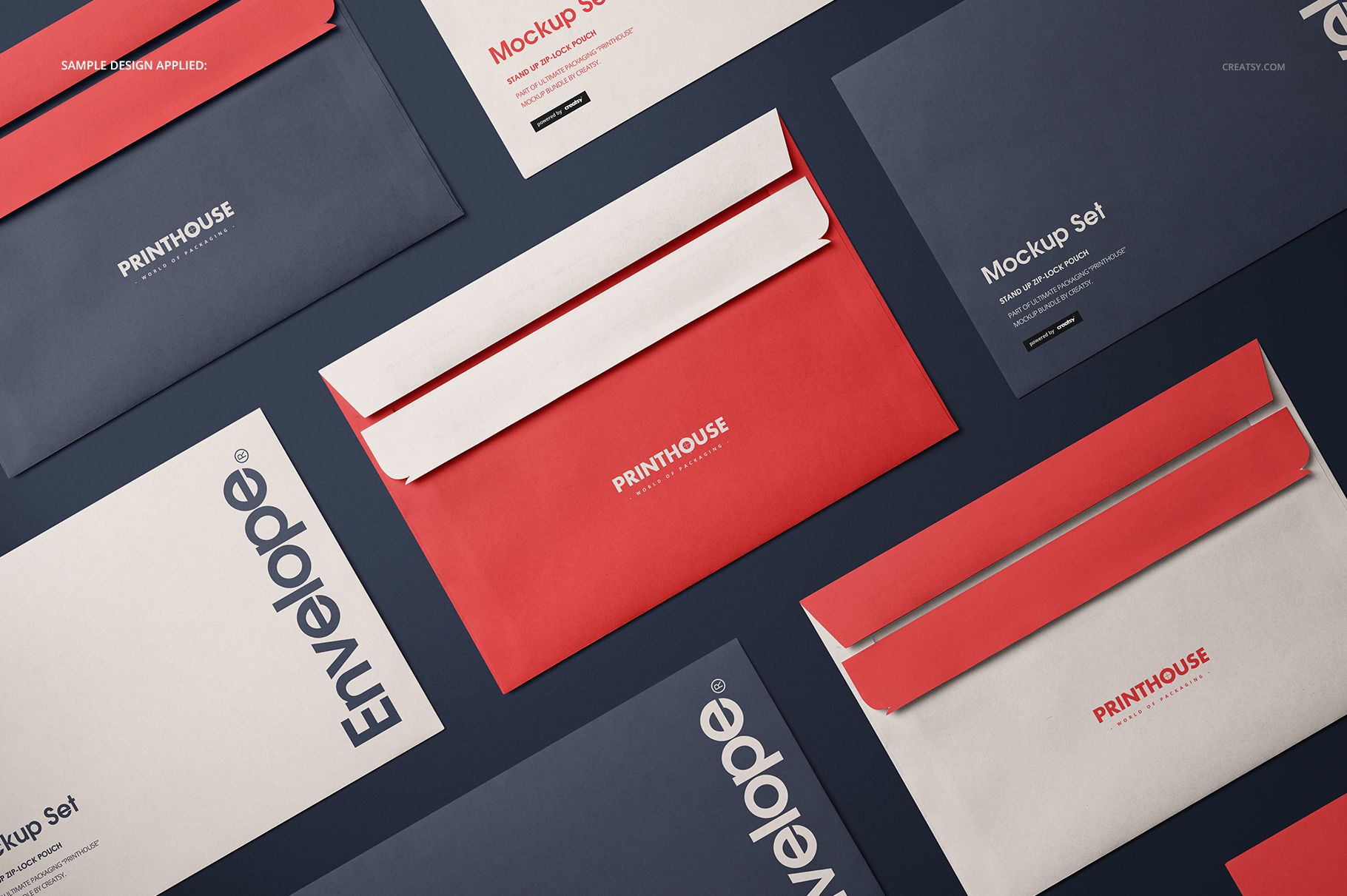 Top view of several envelopes in red, white, and navy blue colors arranged on a dark background, stationery mockup.
