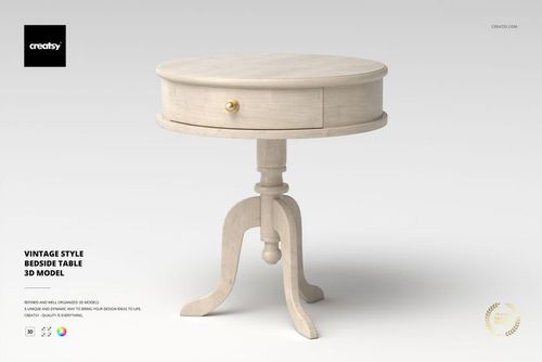 Round vintage style bedside table with light wood finish, single drawer, and pedestal base on white background.