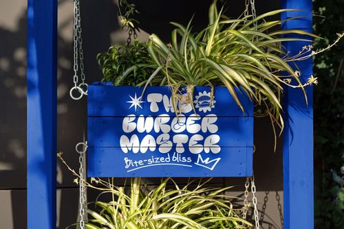 Front view of a blue wooden sign with bold white text and playful graphics, surrounded by green leafy plants.