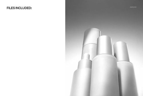 Monumental perspective of white cosmetic bottles arranged together in a modern studio environment for PSD mockup use.