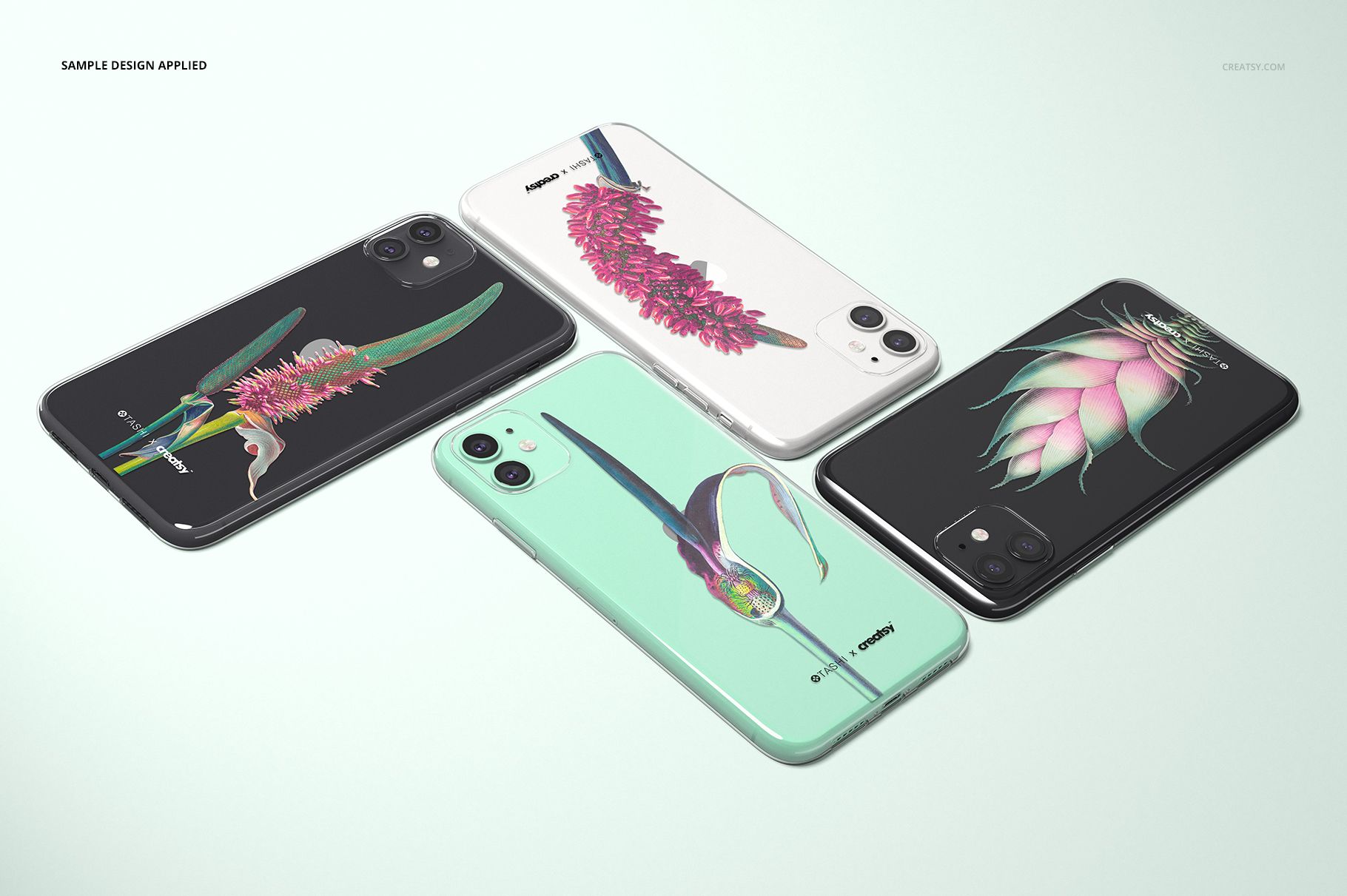 iPhone 11 clear case mockup set displaying four phones with floral designs, viewed from above on a pale background.