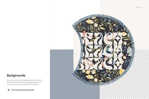 Round beach towel with fringed edges, featuring a floral and botanical pattern, shown in a top view mockup scene.