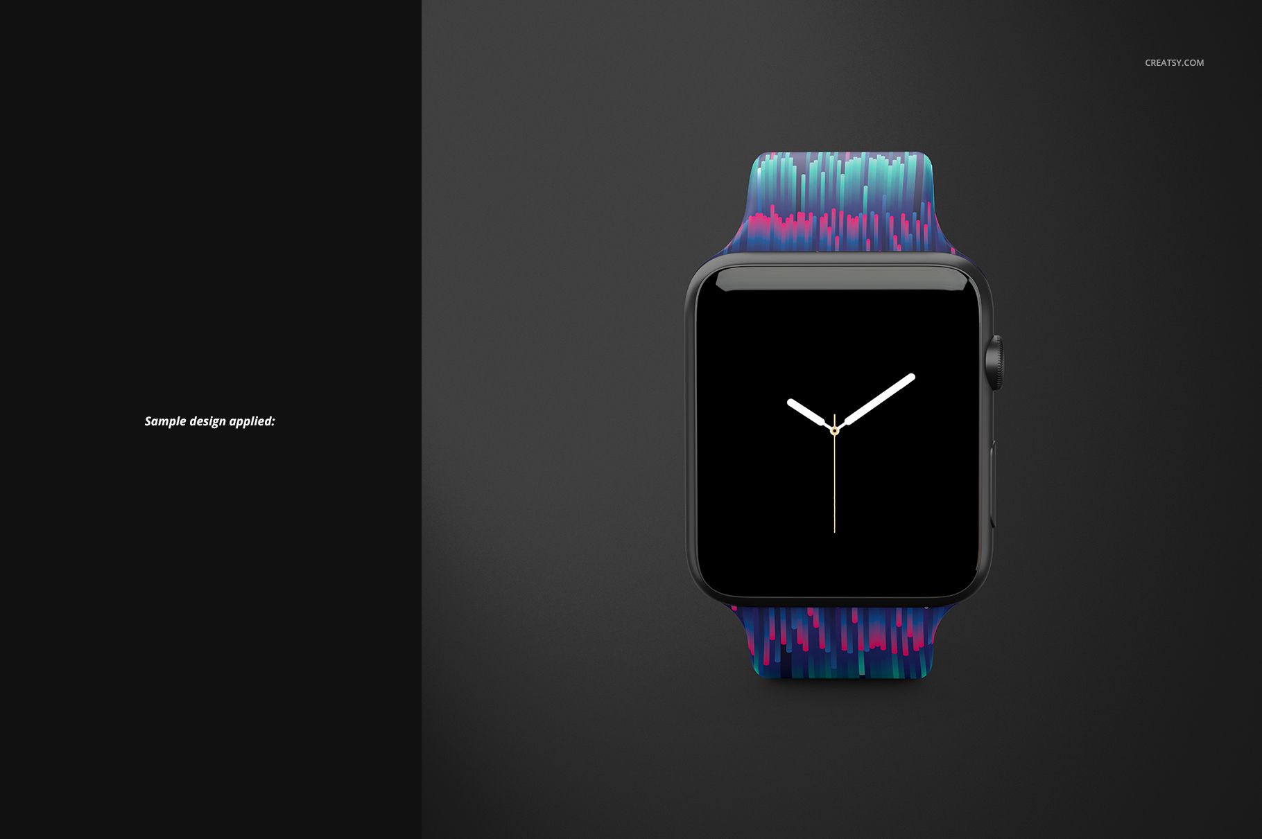 Apple Watch band mockup featuring a vibrant abstract pattern, shown from the front against a black backdrop.