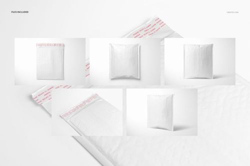Five soft bubble mailers displayed on a white background, showing various front and angled views of packaging mockup.