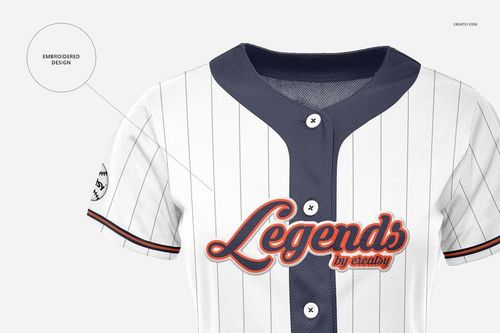 Front view of a women's baseball jersey mockup with vertical gray pinstripes, navy collar, and embroidered text design.