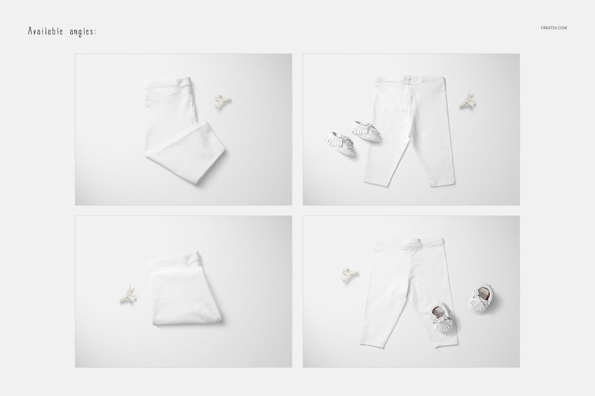 Baby leggings PSD mockup featuring front, folded, and flat lay views, with white shoes and decorative items nearby.