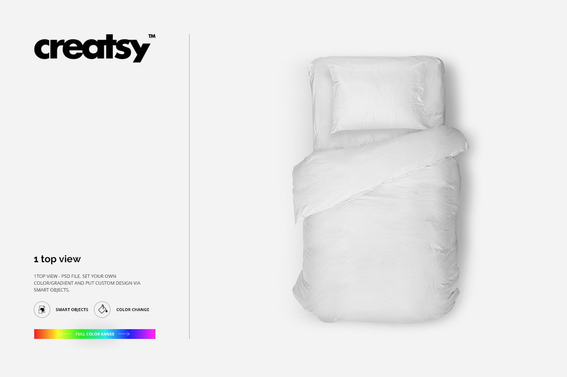 Top view of a single bed bedding mockup featuring a pillow and comforter in white on a neutral background.