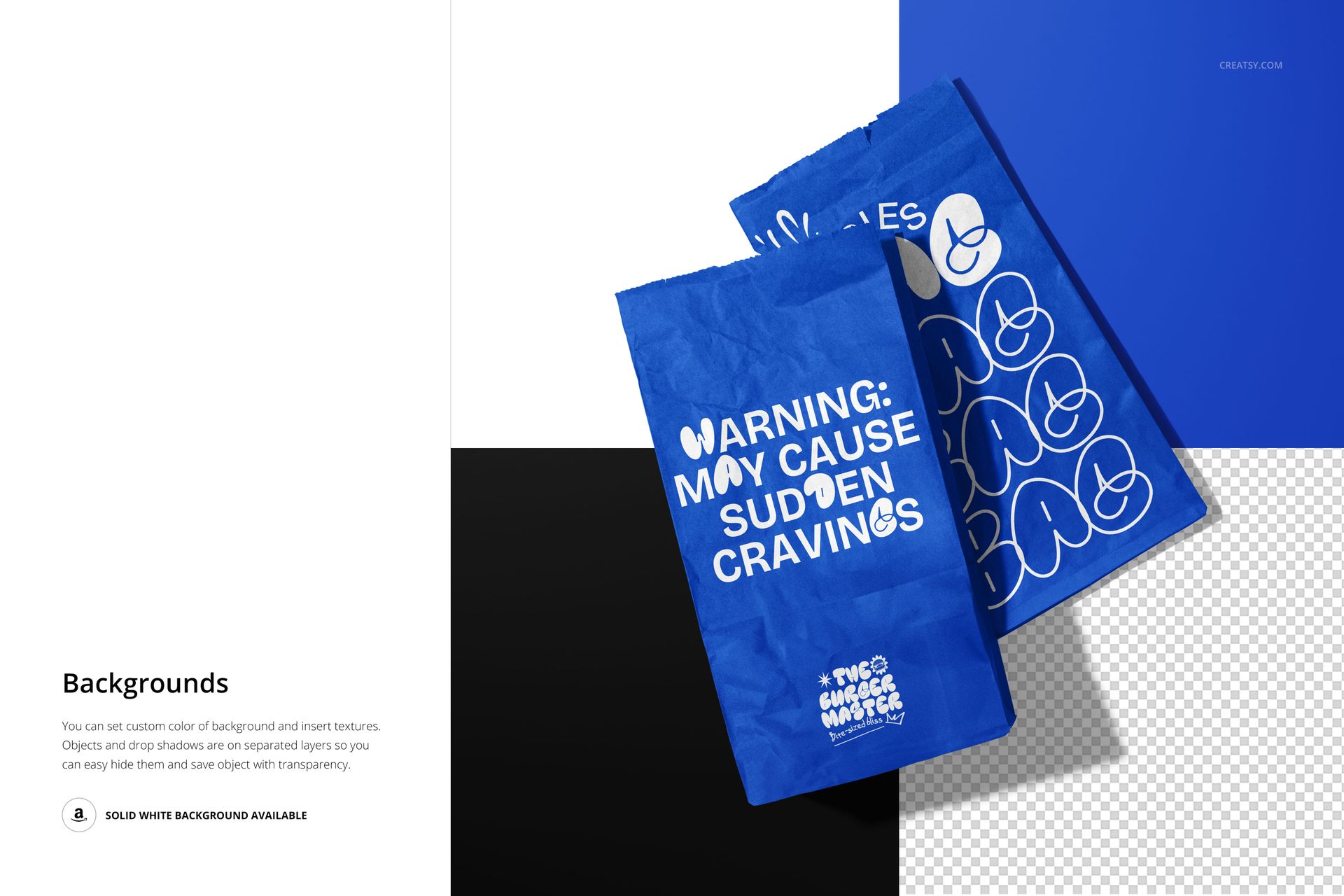 PSD mockup of blue paper fast food bags featuring white patterns and lettering, arranged on a divided black, white, and blue backdrop.