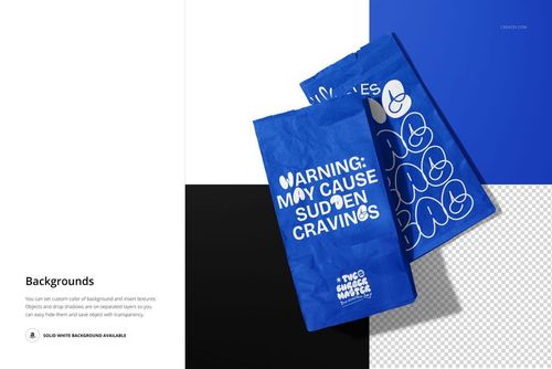 PSD mockup of blue paper fast food bags featuring white patterns and lettering, arranged on a divided black, white, and blue backdrop.