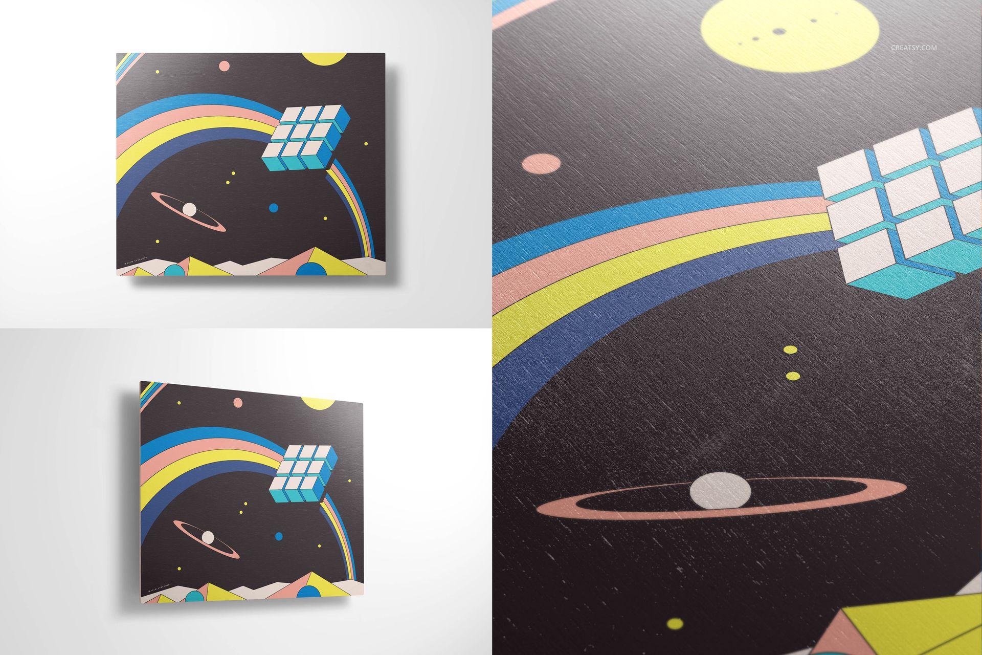 Rectangular plywood wall art mockup featuring a colorful geometric and space-themed design, shown from front and close-up views.