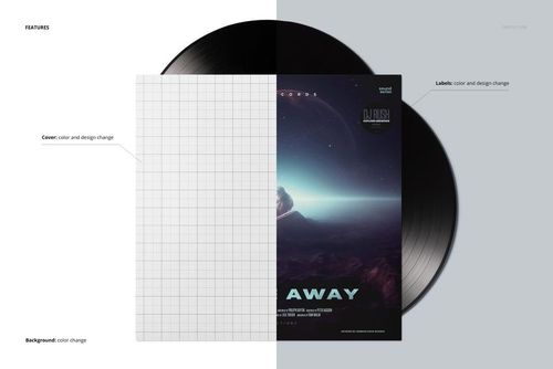 Top view of two black vinyl records with a split album cover mockup, showing grid and cosmic artwork design.
