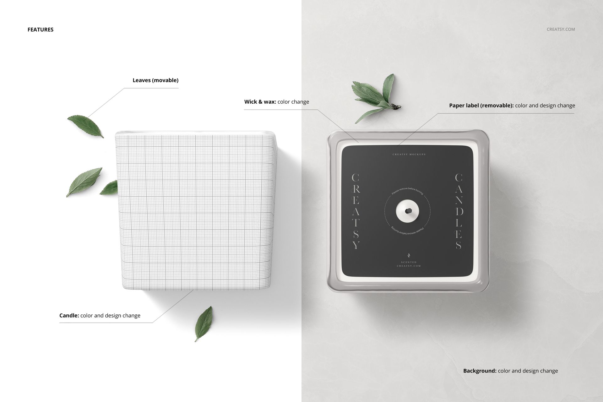 Square candle mockup set featuring a white candle with grid pattern and movable green leaves, shown from top and side views.