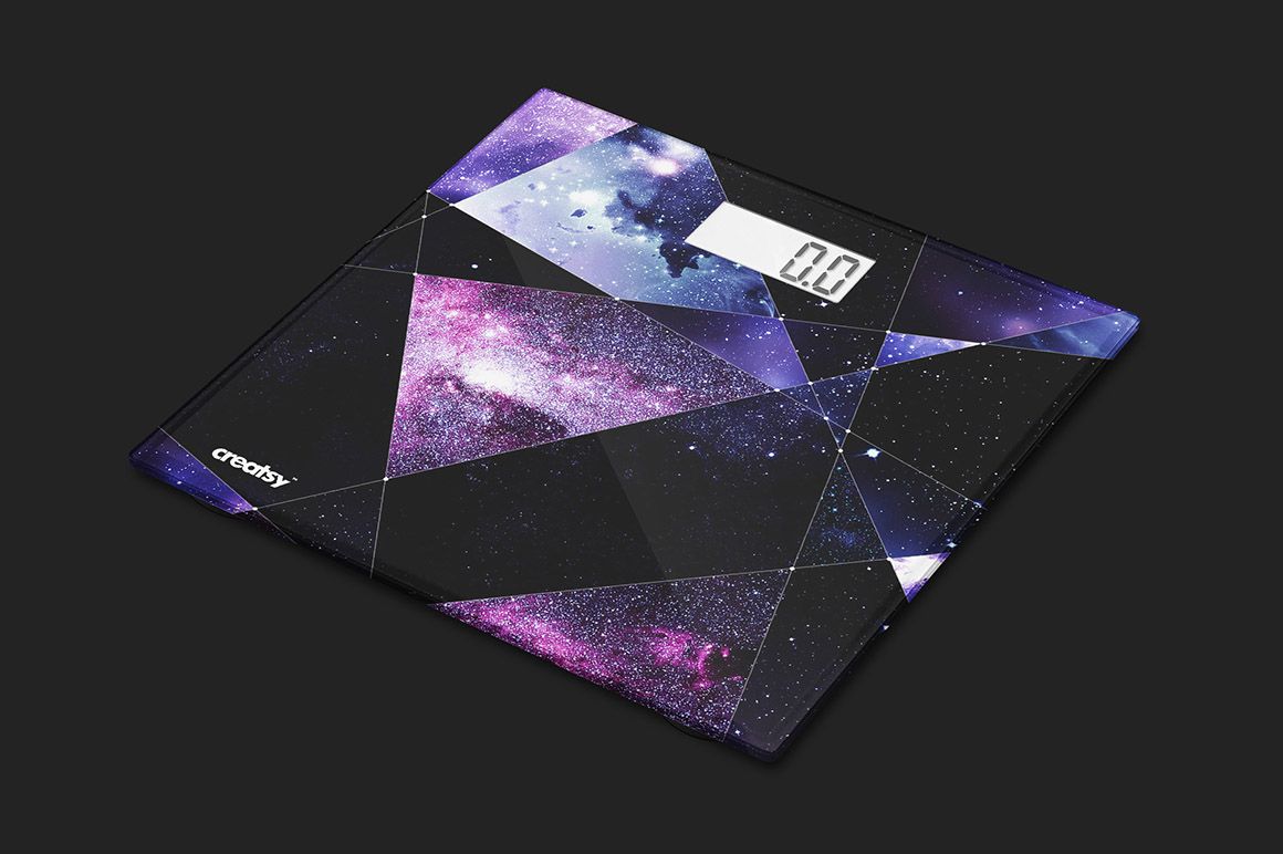 Modern weight scale mockup featuring a polygonal galaxy design in shades of purple and blue, displayed from above.