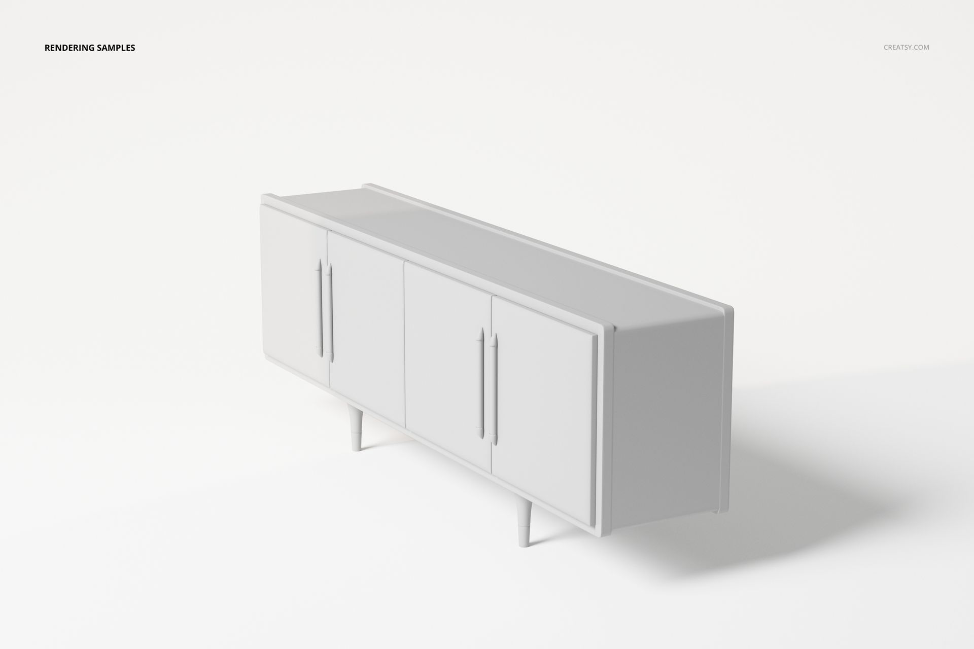 Modern sideboard with clean lines and four doors, shown in a light gray color on a plain white background.