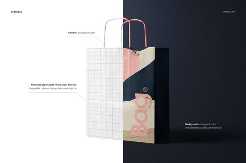 Twisted handles paper bag mockup with half grid overlay and half custom design, front view on split background.