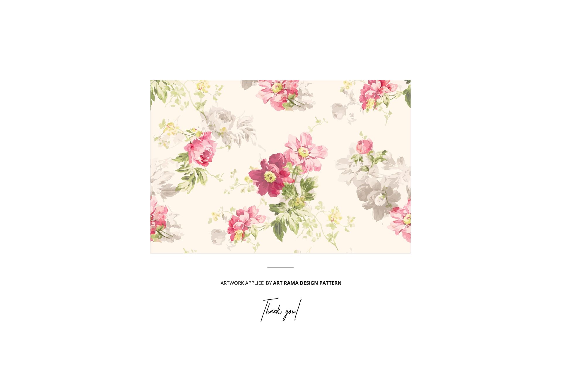 Mockup of patterned fabric with watercolor-style flowers in pink, burgundy, and gray against a soft cream backdrop.