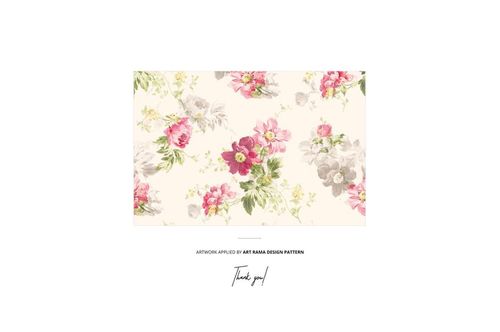 Mockup of patterned fabric with watercolor-style flowers in pink, burgundy, and gray against a soft cream backdrop.