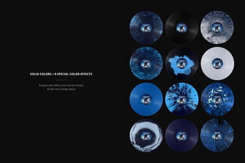 Top view of twelve vinyl records in clear sleeves, arranged in a grid with various blue, black, and white color effects.