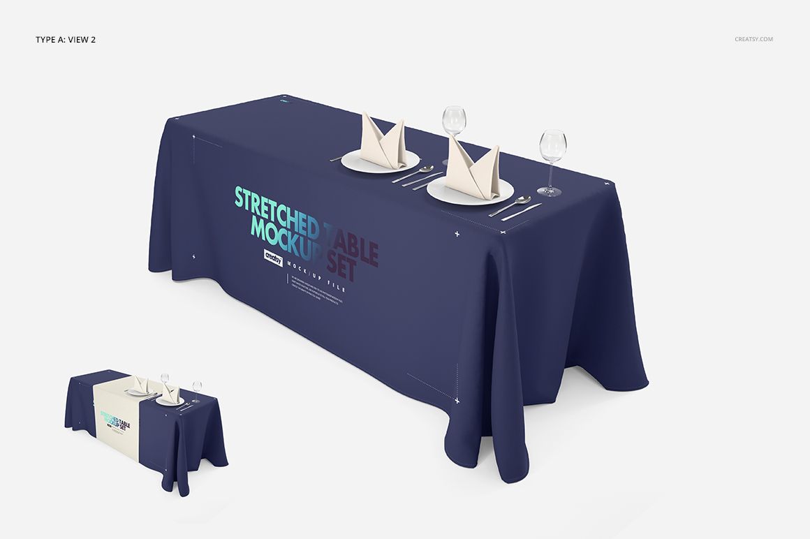 PSD mockup of a dining table covered with a navy blue tablecloth and runner, featuring a formal place setting.
