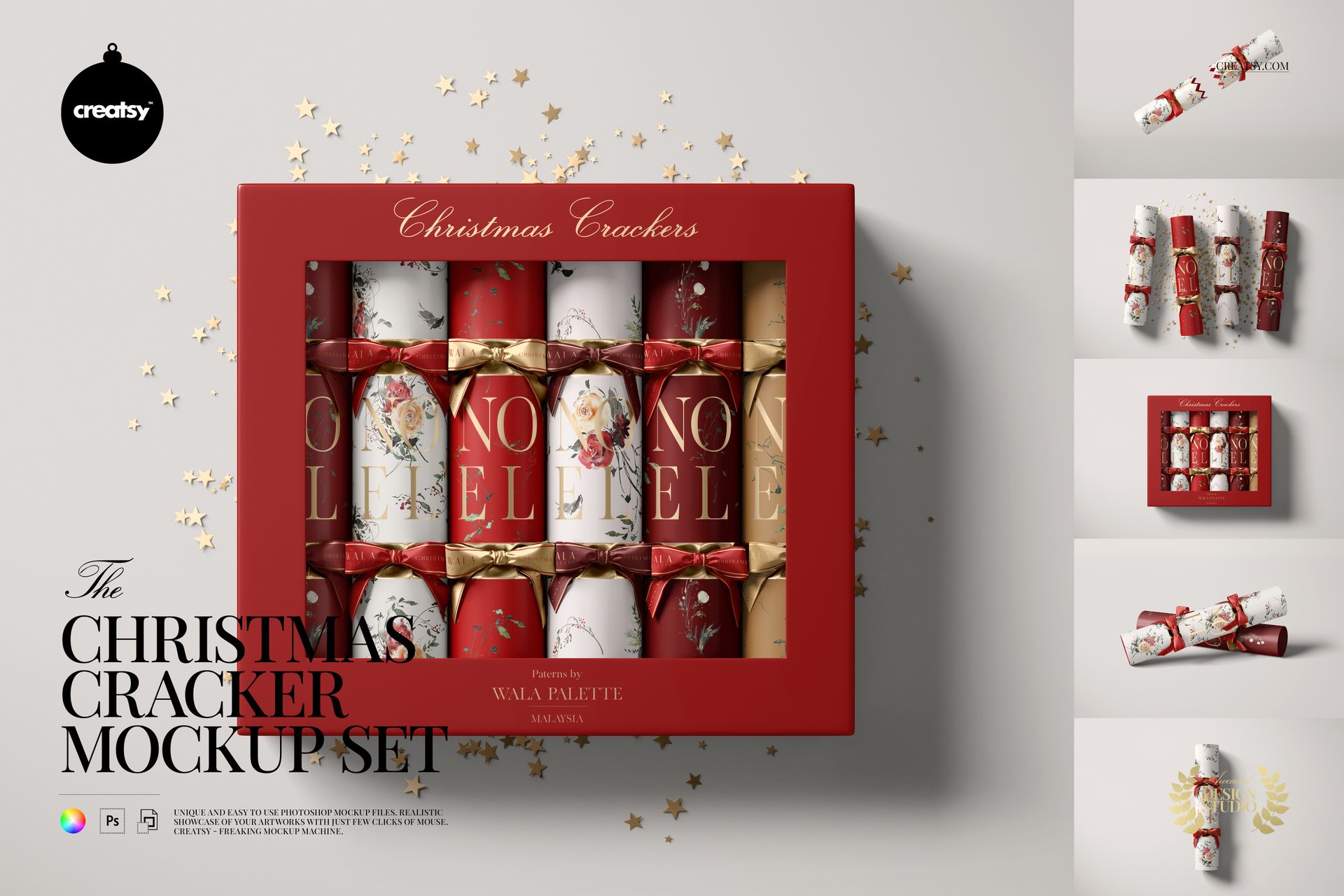 Christmas cracker mockup set featuring red and white crackers with gold ribbons, shown in a festive retail box and multiple layouts.