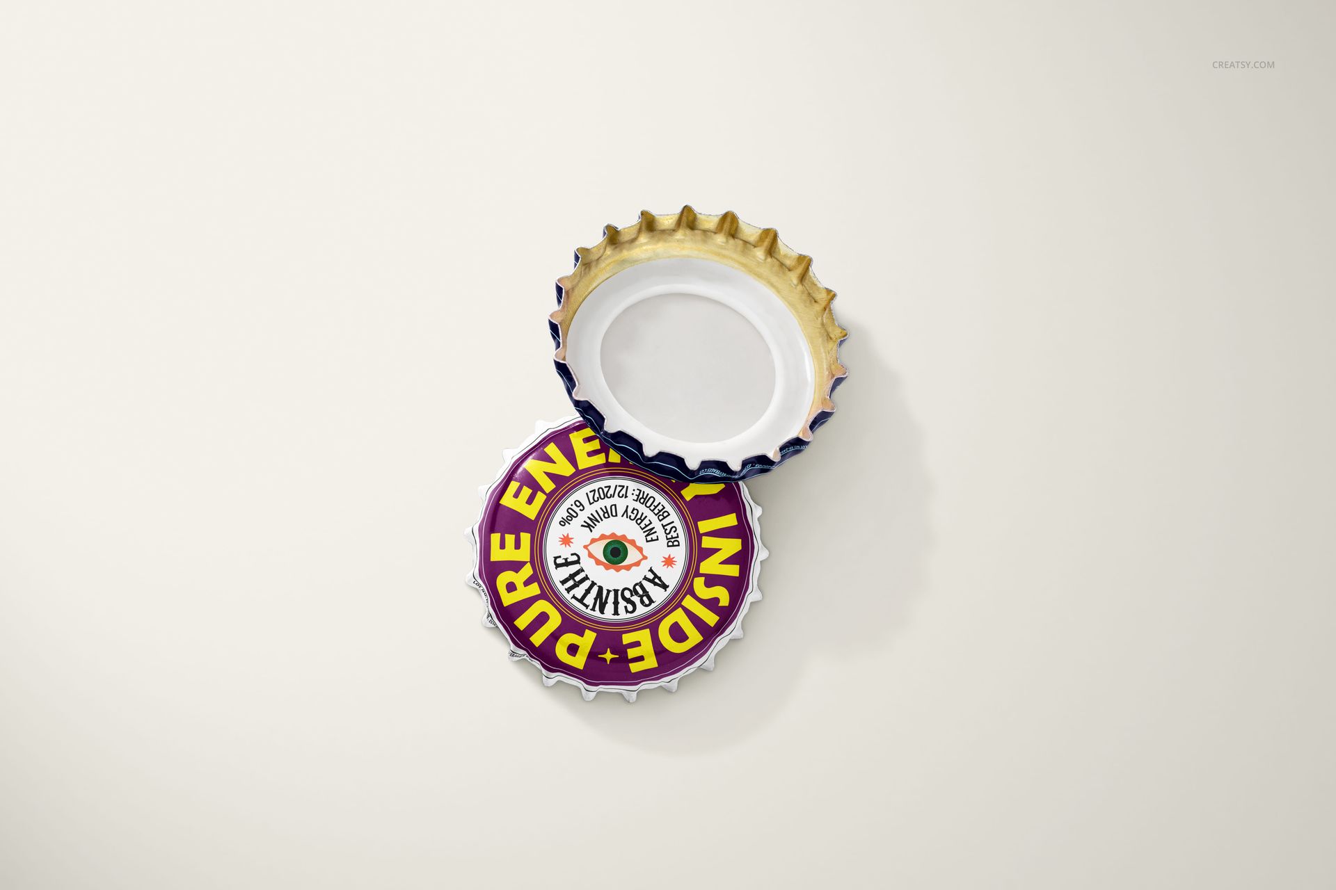 Bottle cap mockup with one cap showing a vibrant printed top and another cap flipped to display the metallic interior.