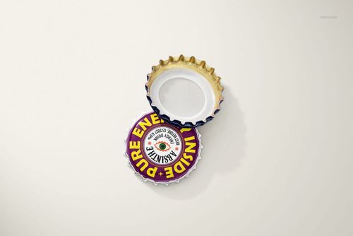 Bottle cap mockup with one cap showing a vibrant printed top and another cap flipped to display the metallic interior.